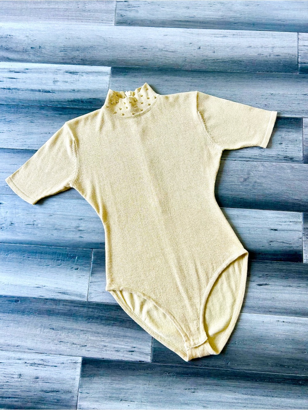 Vintage 1980s The Icing Gold Lurex Knit Studded Mockneck Short Sleeve Bodysuit